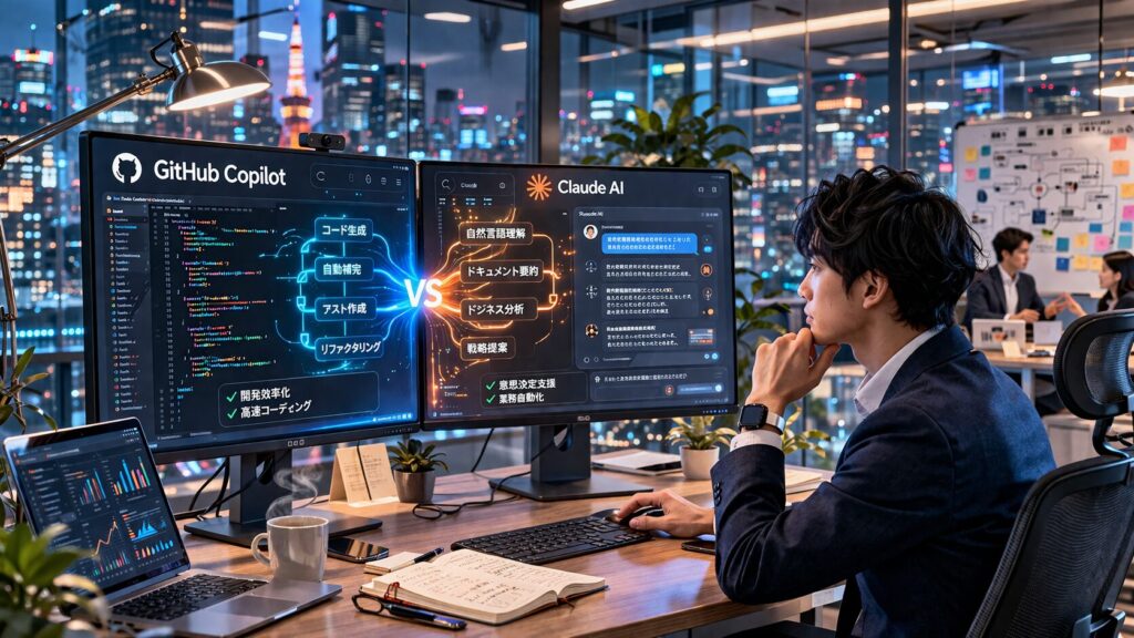2つの強力なAIエージェントが歯車のように噛み合い、中小企業の業務を効率化するサイバーパンクなイメージ