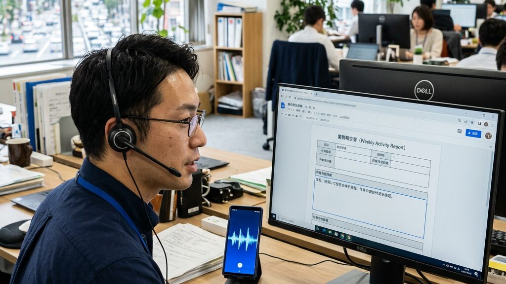 LINEの音声送信ボタンを押して吹き込んだ現場の進捗報告が、自動でテキスト化され日報管理シートに整理されて反映される実際のデモ画面